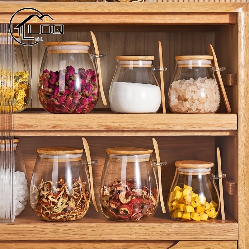 LDQ Airtight Glass Storage Jar with Spoon Premium Jar Set for Coffee, Sugar, Tea, Salt, Candy & Spices