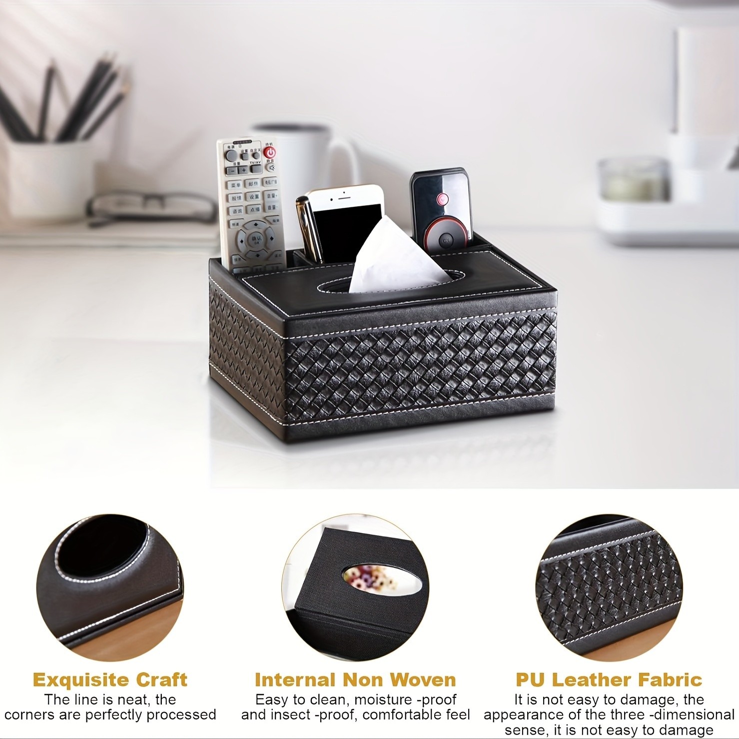 LDQ Multi-Functional Faux Leather Tissue & Storage Box  4-Compartment Organizer for Remotes, Napkins & Home Essentials