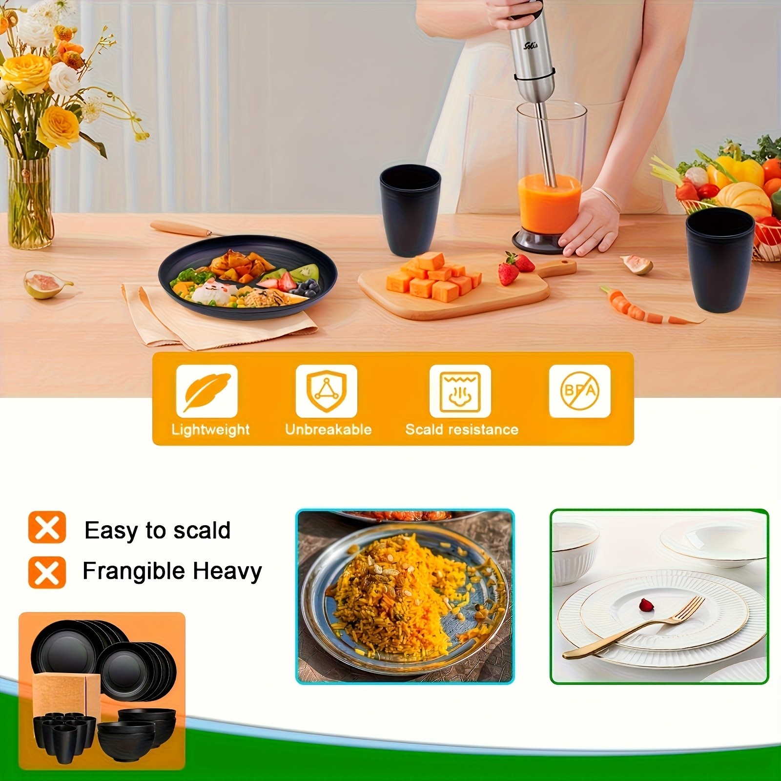 LDQ Unbreakable Plastic Dinnerware Set  12pcs/16pcs Microwave & Dishwasher-Safe Plates, Bowls & Cups for Parties & Everyday Use