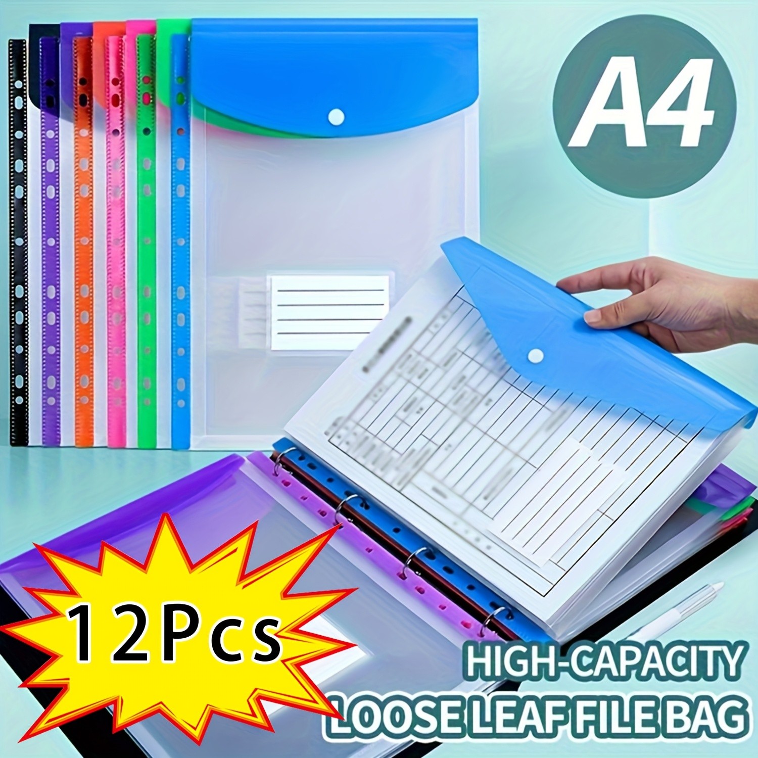 LDQ 12-Pack A4 Expanding File Folders  Heavy-Duty PP Document Organizers with Push-Button Lock & 11-Ring Binder Pockets