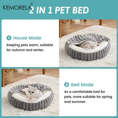 KEMORELA Calming Warm Kitten Bed  Round Hooded Plush Cat Cave