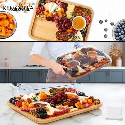 KEMORELA Large Charcuterie Plate with Lid  Elegant Wooden Serving Board for Cheese, Snacks & Parties