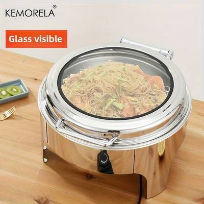 KEMORELA Golden Stainless Steel Hot Pot Buffet Set  Round Chafing Dish with Glass Window & Stand