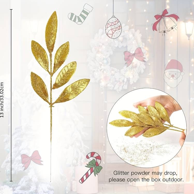 NLDD 16-Piece Artificial Glitter Leaf Spray Pick Set  Silvery Christmas Decor Branches (13)