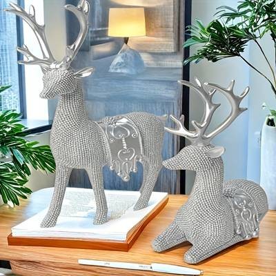 NLDD Exquisite Deer Resin Craft Set (2pcs)  Elegant Beaded Deer Statues for Luxurious Home Dcor
