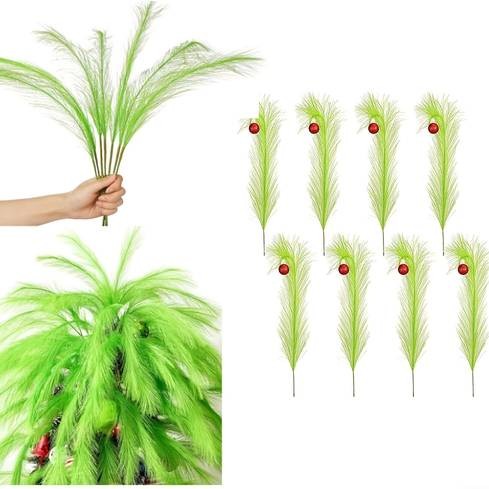NLDD 12pcs Artificial Christmas Tree Stems Lime Green Furry Holiday Picks with Red Berries