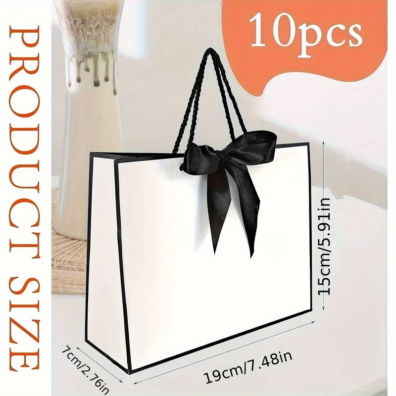 YIMUWN 10-Pack Elegant White Gift Bags with Satin-Like Black Ribbon Bows  Premium Multi-Size Paper Favor Bags