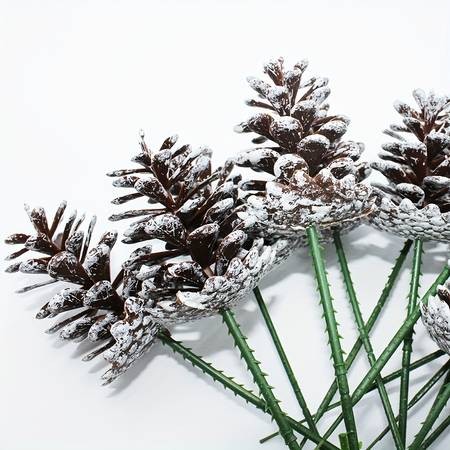 YIMUWN 24pcs Artificial Christmas Pine Cone Branches Brushed White Holiday Picks with Evergreen Sprigs