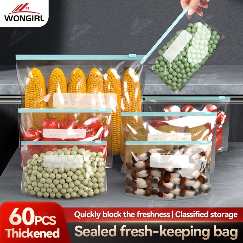 LDQ 60pcs Leak-Proof Food Storage Bag Set  Reusable Multi-Size Kitchen Organisers for Fresher NZ Ingredients