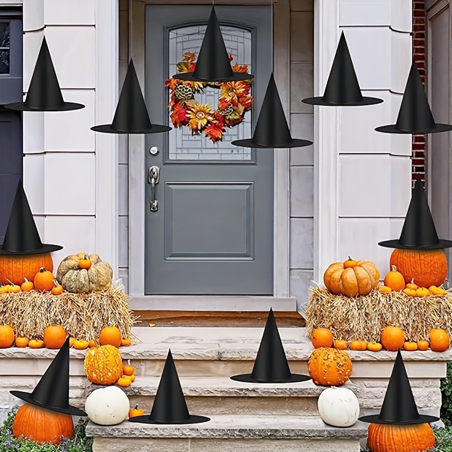 MCMLS Halloween Floating Witch Hat Set 12pcs Black Hanging Wizard Hats for NZ Indoor & Outdoor Party Dcor