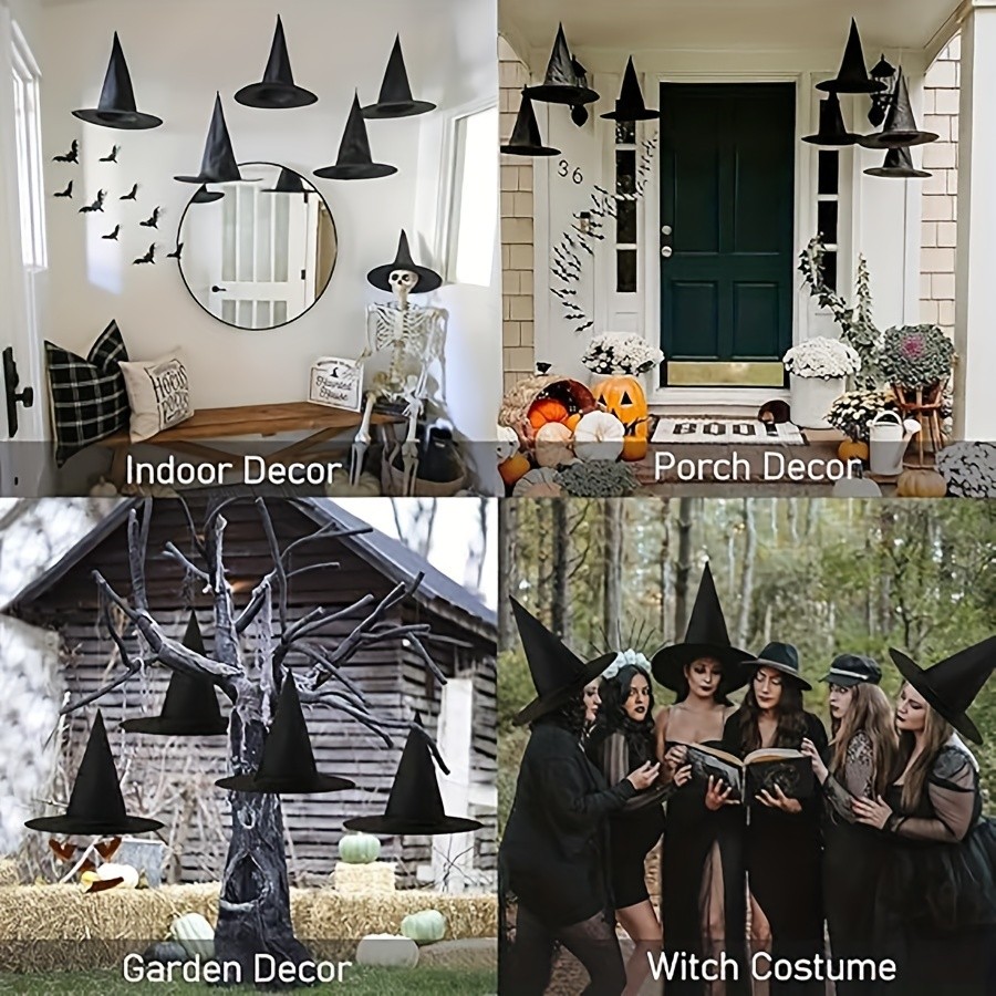 MCMLS Halloween Floating Witch Hat Set 12pcs Black Hanging Wizard Hats for NZ Indoor & Outdoor Party Dcor