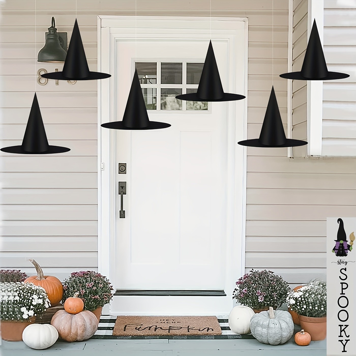 MCMLS Halloween Floating Witch Hat Set 12pcs Black Hanging Wizard Hats for NZ Indoor & Outdoor Party Dcor