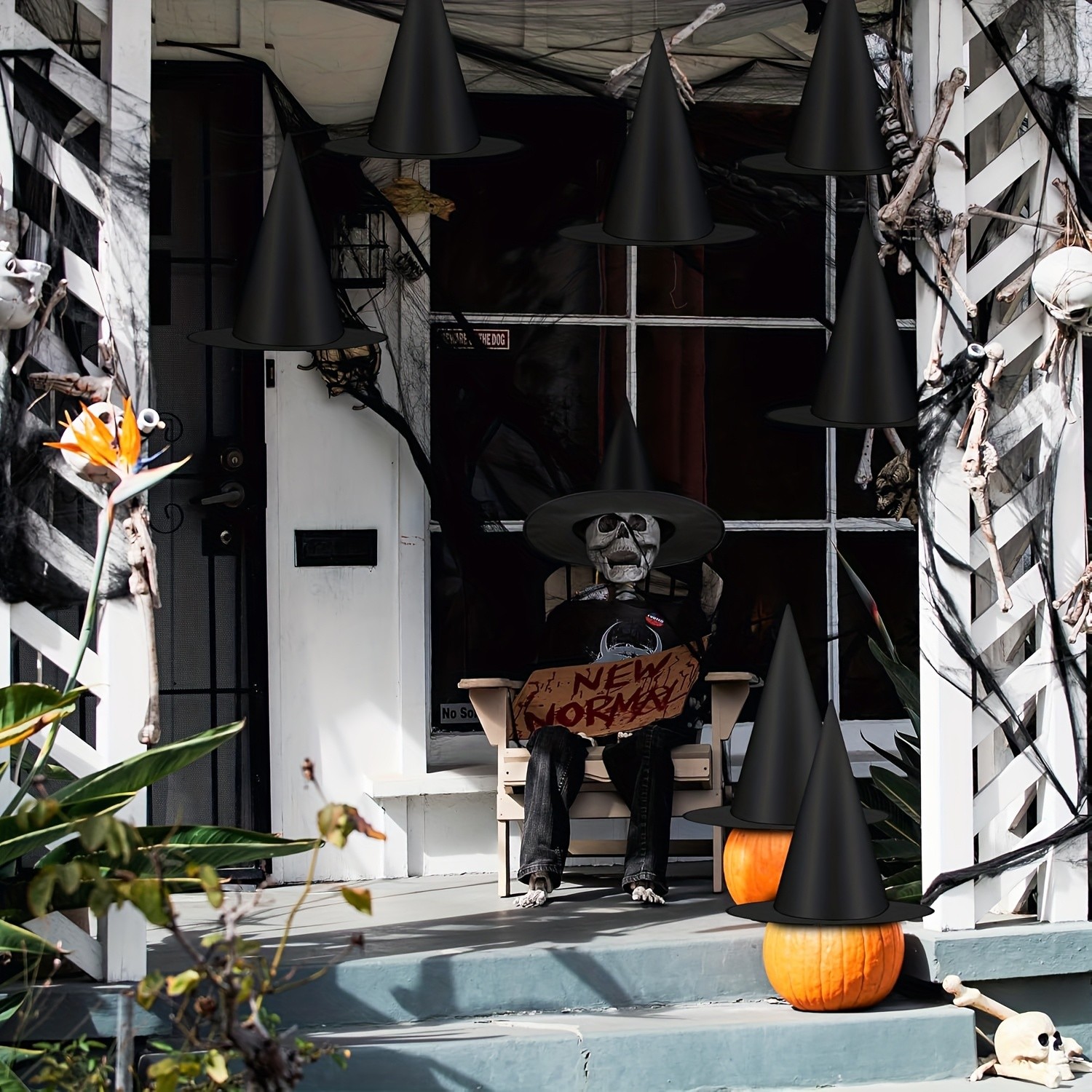 MCMLS Halloween Floating Witch Hat Set 12pcs Black Hanging Wizard Hats for NZ Indoor & Outdoor Party Dcor