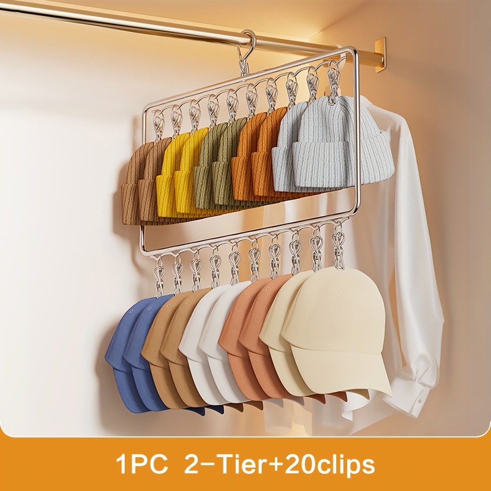 MCMLS Heavy-Duty Stainless Steel 2-Tier Hat Hanger Organizer  20-Clip Over-Door/ Ceiling Mount for NZ Closet & Laundry Storage