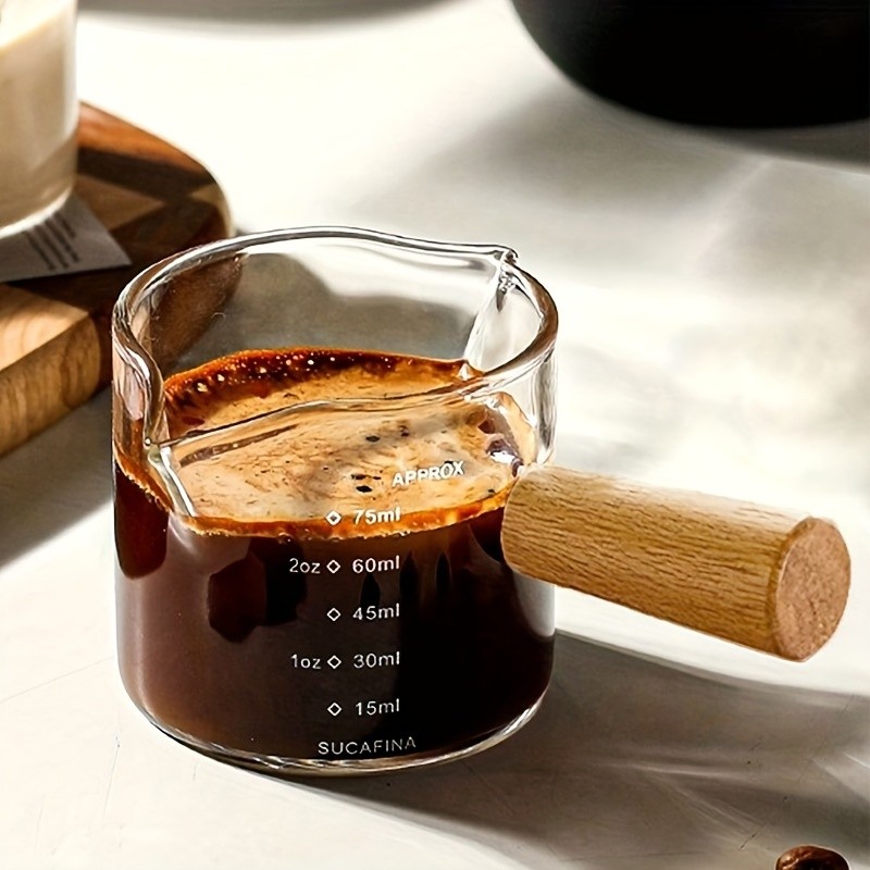 YUHUPHYLLIC Clear Glass Measuring Cup  2.6oz Precision Scale with Wooden Handle for Espresso & Coffee Brewing