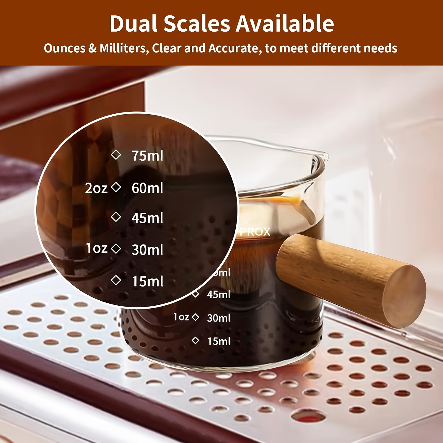 YUHUPHYLLIC Clear Glass Measuring Cup  2.6oz Precision Scale with Wooden Handle for Espresso & Coffee Brewing