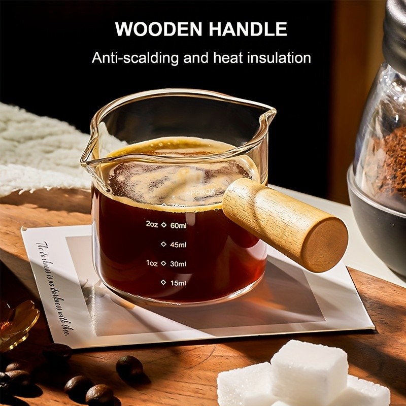 YUHUPHYLLIC Clear Glass Measuring Cup  2.6oz Precision Scale with Wooden Handle for Espresso & Coffee Brewing