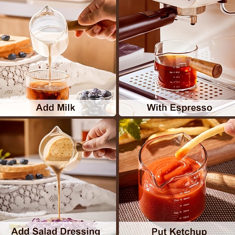 YUHUPHYLLIC Clear Glass Measuring Cup  2.6oz Precision Scale with Wooden Handle for Espresso & Coffee Brewing