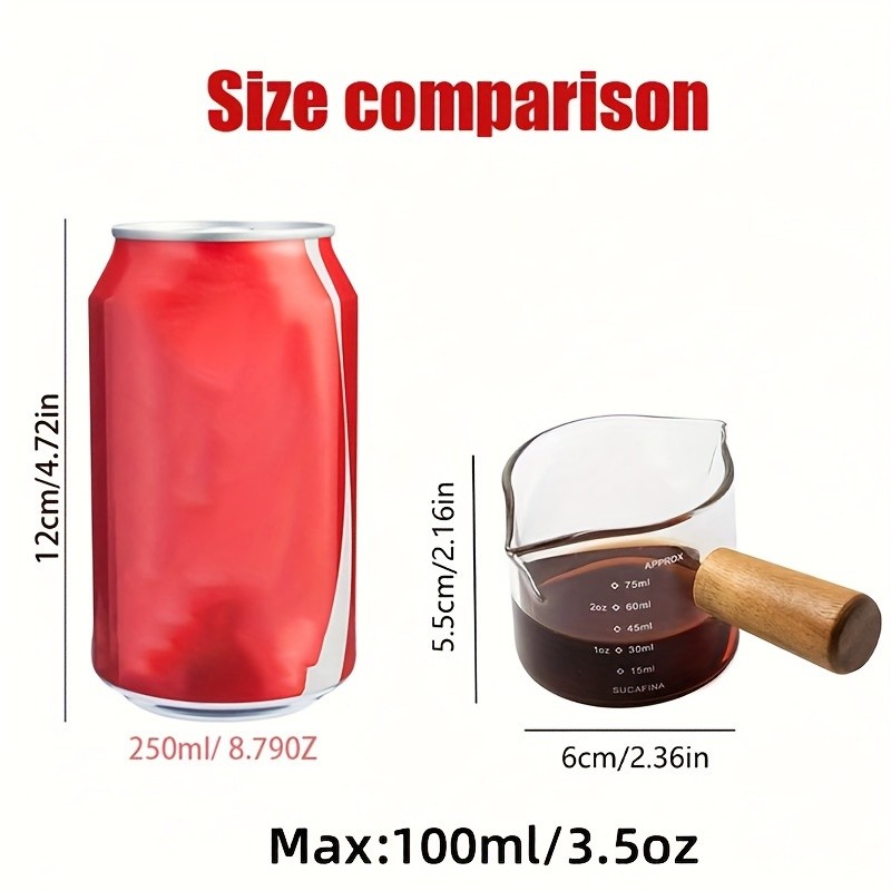 YUHUPHYLLIC Clear Glass Measuring Cup  2.6oz Precision Scale with Wooden Handle for Espresso & Coffee Brewing