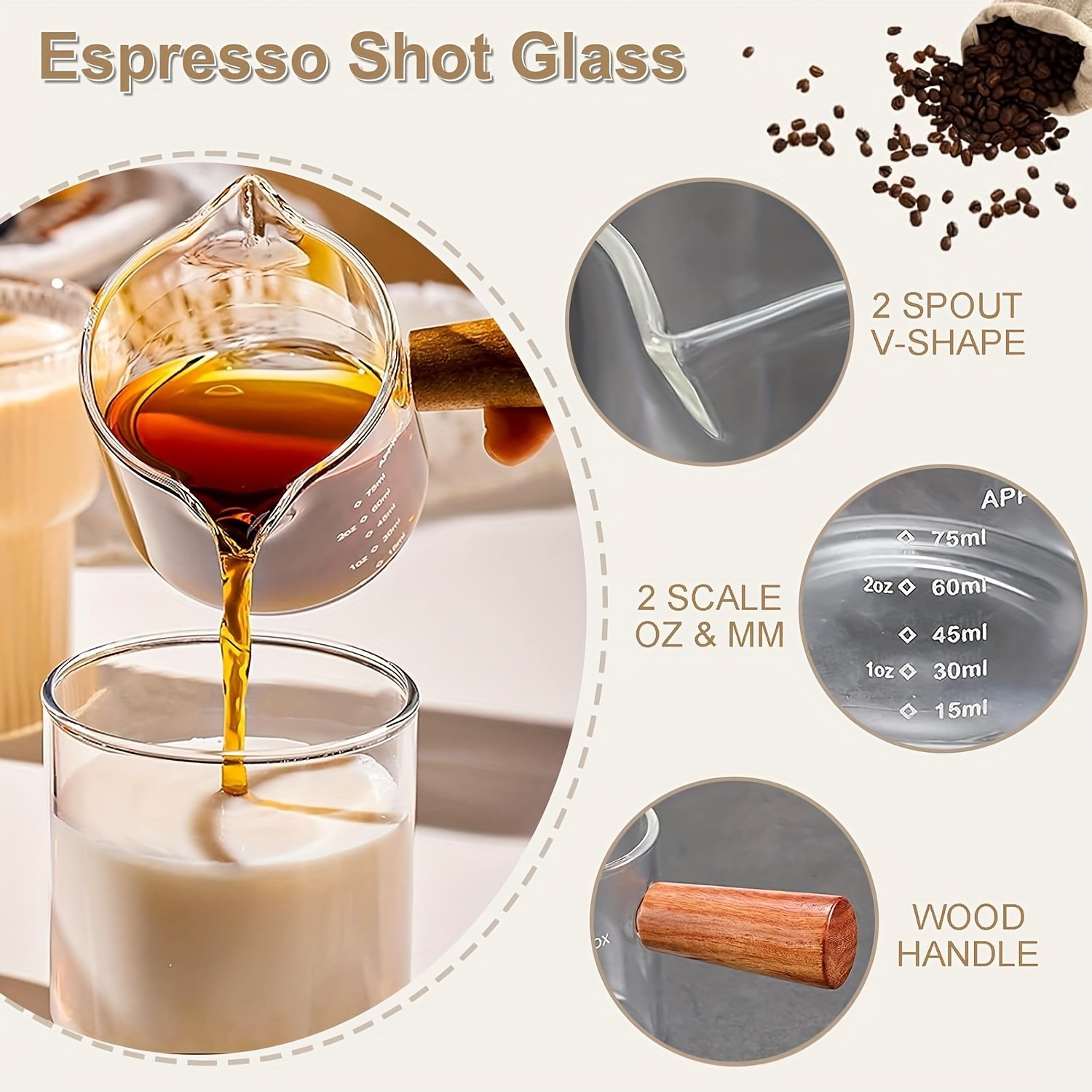 YUHUPHYLLIC Clear Glass Measuring Cup  2.6oz Precision Scale with Wooden Handle for Espresso & Coffee Brewing