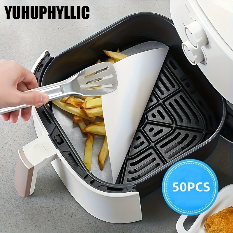 YUHUPHYLLIC 50pcs Air Fryer Liners Non-Stick Oil Absorbing Parchment Paper for Cooking & Baking