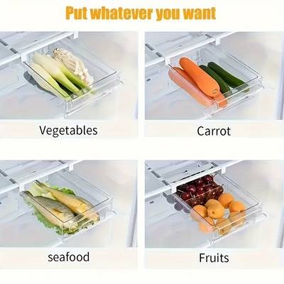 FARIDABIO 2pcs Refrigerator Hanging Storage Drawer Organizer  Heavy-Duty Plastic Fridge Tray with Adjustable Shelves & Hooks