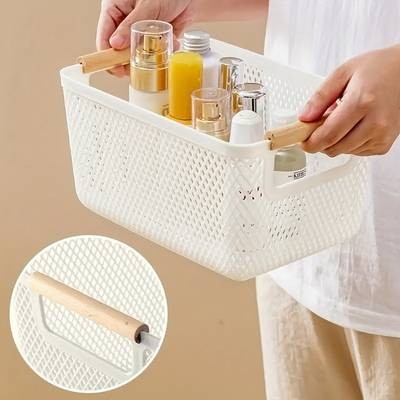 FARIDABIO 3pcs Plastic Storage Baskets with Double Wooden Handles Lightweight, Multi-Purpose Organizers