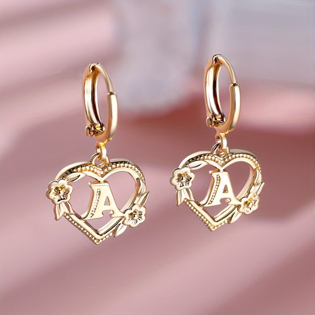 ANGOL 2pcs Golden Letter Heart Flower Ear Clips  Elegant Fashion Jewelry for Banquet and Party Wear