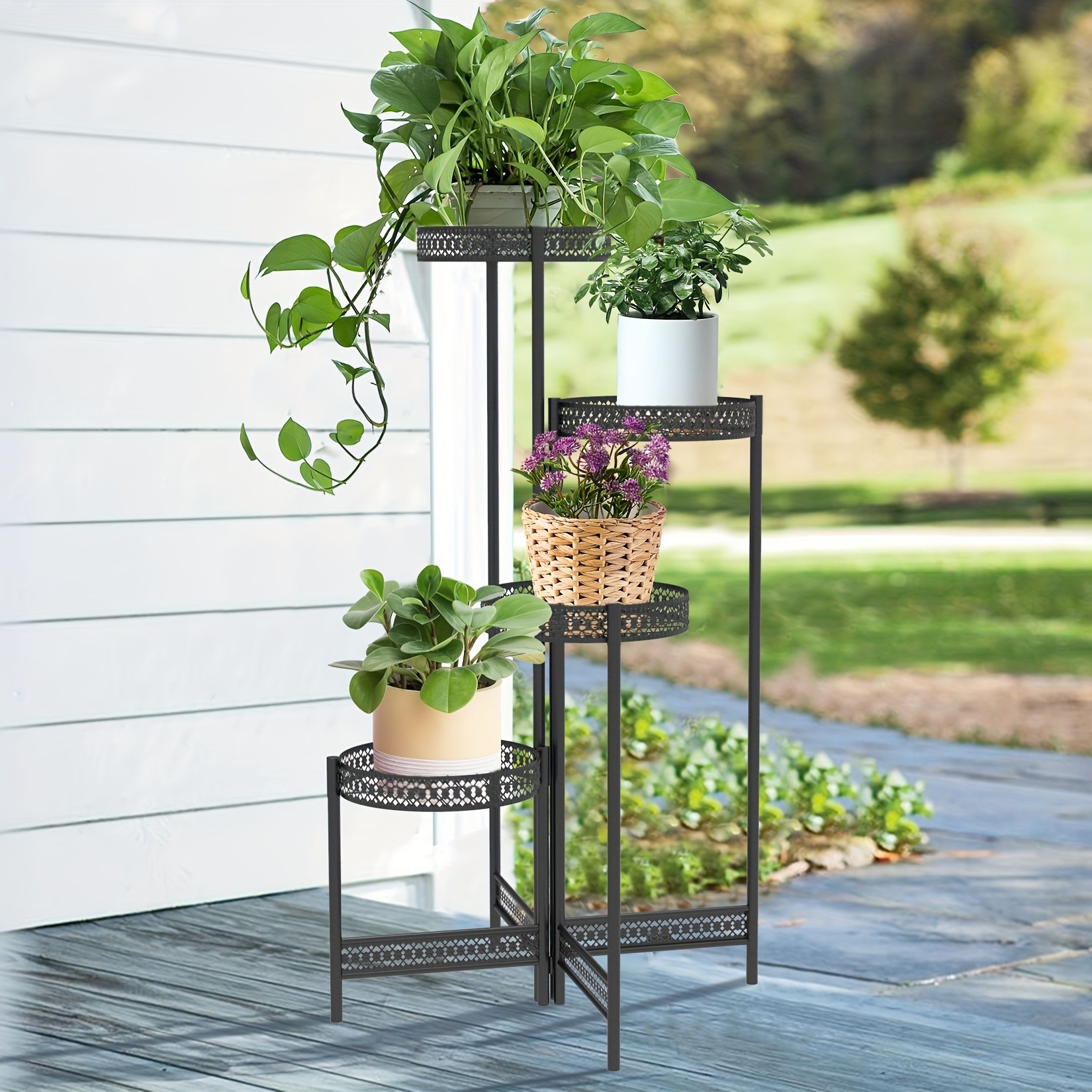 wisfor 4-Tier Folding Metal Planter Pots Holder  Elegant and Durable Storage for Indoor and Outdoor Plants
