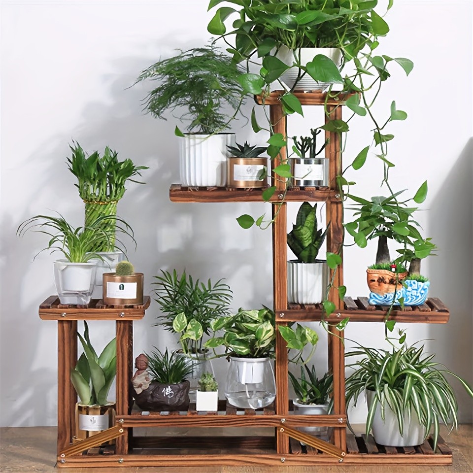 wisfor Sturdy 6-Tier Pine Wood Planter Stand  Elegant and Practical Flower Display Rack for Indoor and Outdoor Use