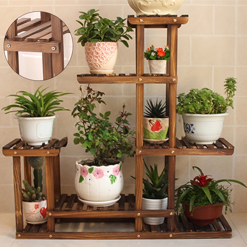 wisfor Sturdy 6-Tier Pine Wood Planter Stand  Elegant and Practical Flower Display Rack for Indoor and Outdoor Use
