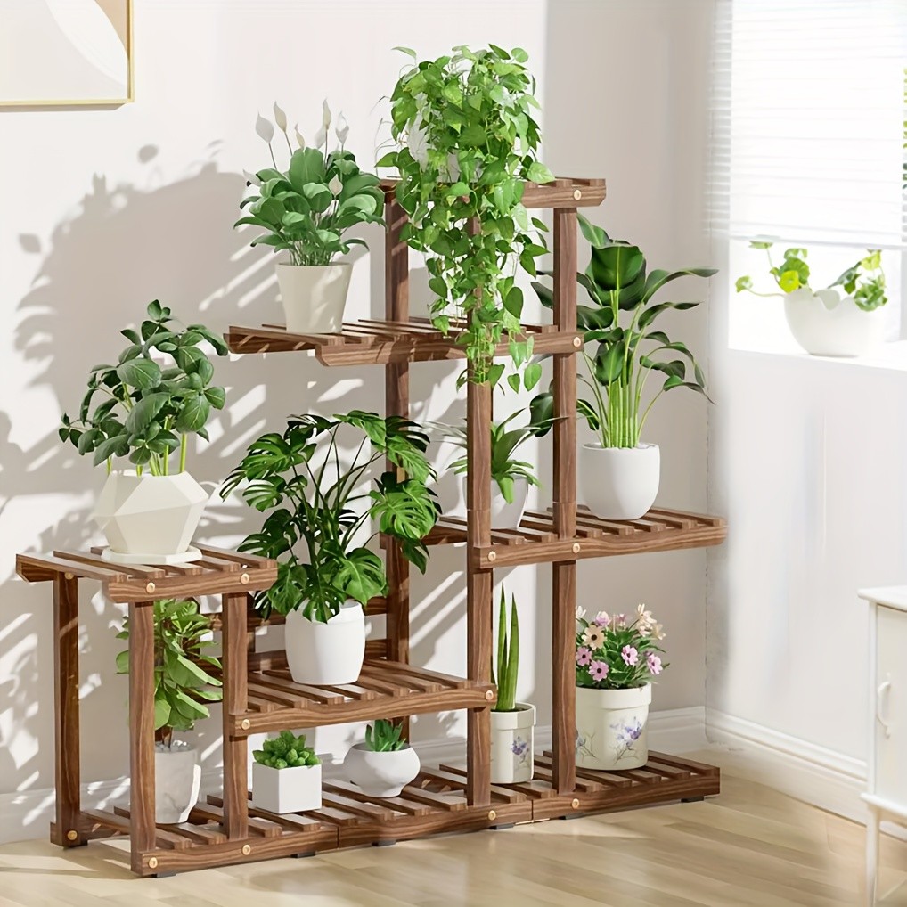 wisfor Sturdy 6-Tier Pine Wood Planter Stand  Elegant and Practical Flower Display Rack for Indoor and Outdoor Use