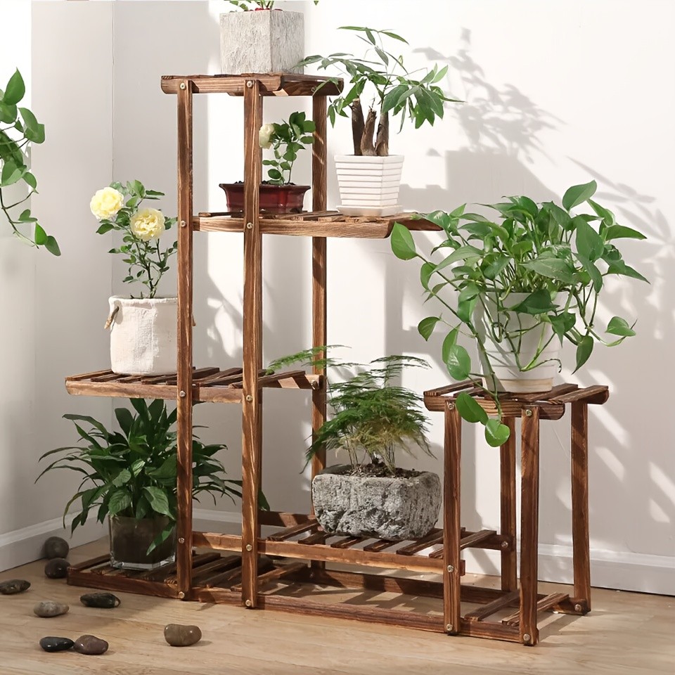 wisfor Sturdy 6-Tier Pine Wood Planter Stand  Elegant and Practical Flower Display Rack for Indoor and Outdoor Use