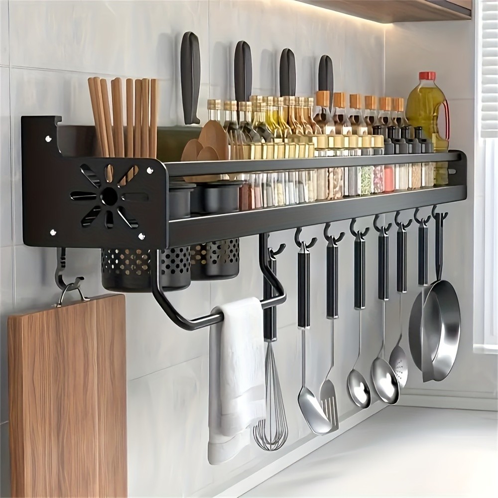 FARIDABIO Varnished Metal Hanging Shelf Wall-Mounted Kitchen Utensil Rack with Hooks