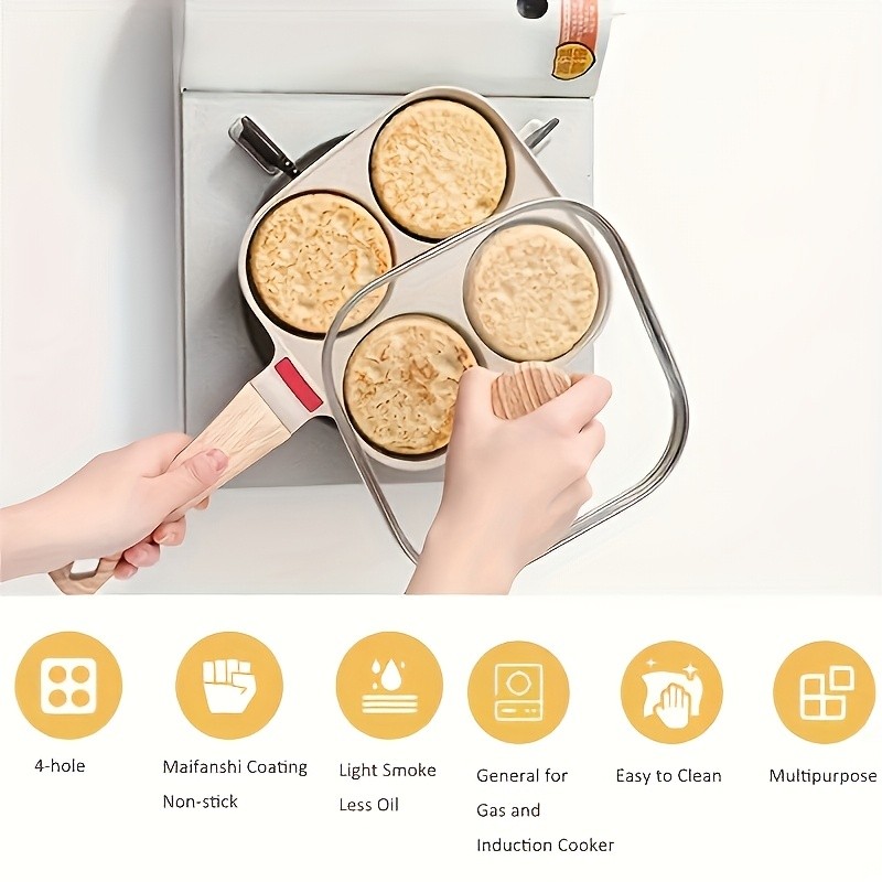 FARIDABIO 4-Holes Frying Pan with Lid Non-Stick Egg and Burger Cooking Pan with Wooden Handle
