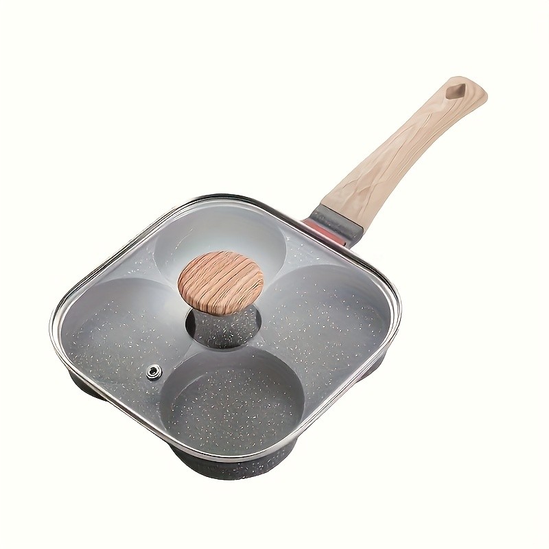 FARIDABIO 4-Holes Frying Pan with Lid Non-Stick Egg and Burger Cooking Pan with Wooden Handle