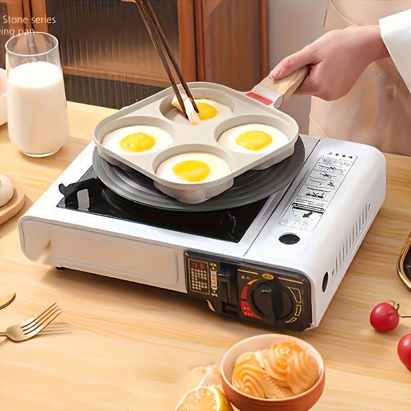 FARIDABIO 4-Holes Frying Pan with Lid Non-Stick Egg and Burger Cooking Pan with Wooden Handle