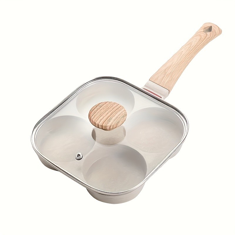 FARIDABIO 4-Holes Frying Pan with Lid Non-Stick Egg and Burger Cooking Pan with Wooden Handle