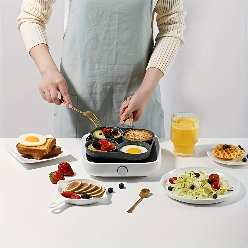 FARIDABIO 4-Holes Frying Pan with Lid Non-Stick Egg and Burger Cooking Pan with Wooden Handle
