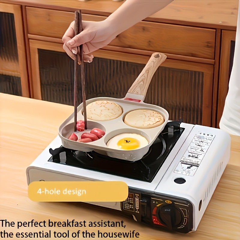 FARIDABIO 4-Holes Frying Pan with Lid Non-Stick Egg and Burger Cooking Pan with Wooden Handle