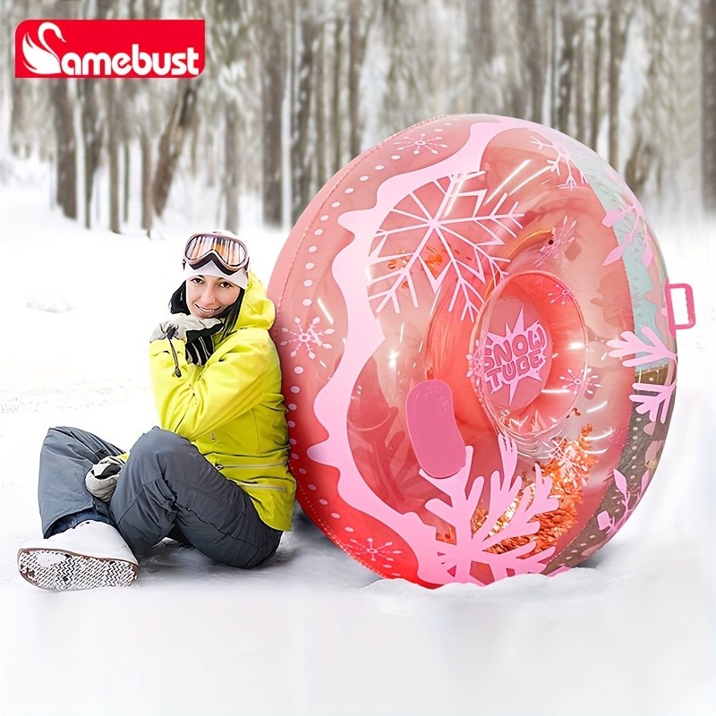 CAMEBUST 91.44cm Heavy-Duty Inflatable Snow Tube  Pink/White Blow-Up Sled with Star & Snowflake Design
