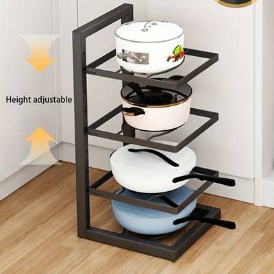 PMMJ Height Adjustable Three and Four Tier Pot Rack Space-Saving Kitchen Storage for Pots and Household Supplies