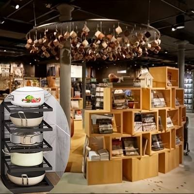 PMMJ Height Adjustable Three and Four Tier Pot Rack  Space-Saving Kitchen Storage for Pots and Household Supplies