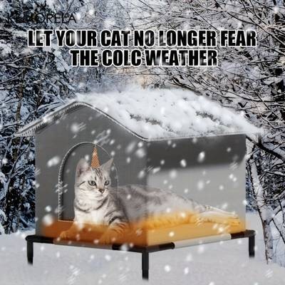 KEMORELA Classic Style Outdoor Cat House All-Season Enclosed Pet Shelter with Warm Mats