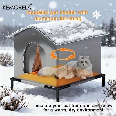 KEMORELA Classic Style Outdoor Cat House All-Season Enclosed Pet Shelter with Warm Mats