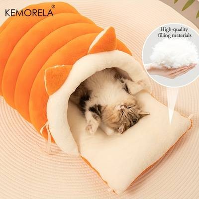 KEMORELA 2025 New Cat Ear Cat Bed  Soft, Plush Semi-Enclosed Pet Nest for Ultimate Comfort