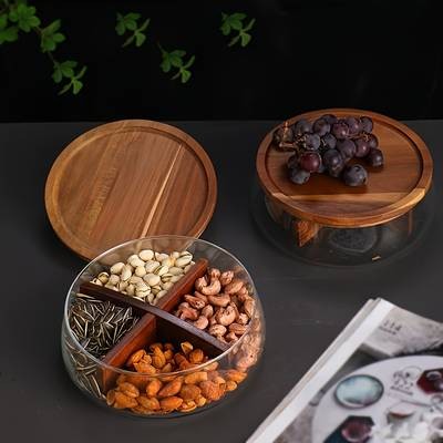 Faridabio Glass Food Storage Container with Wooden Lid Elegant Round Design for Nuts, Fruits, Cereals, and Candy
