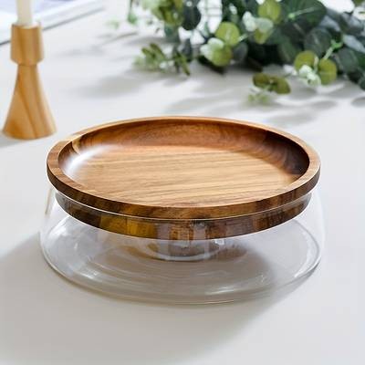 Faridabio Glass Food Storage Container with Wooden Lid  Elegant Round Design for Nuts, Fruits, Cereals, and Candy