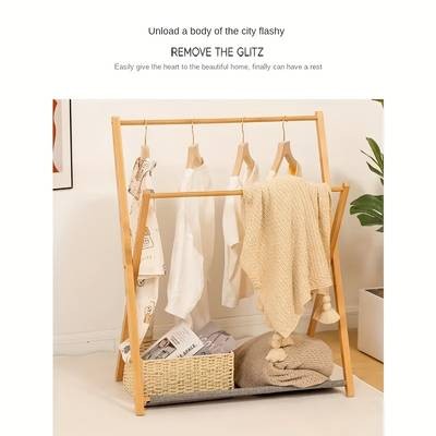 FARIDABIO Foldable Wooden Coat Rack  Freestanding Multipurpose Valet Stand with Basket