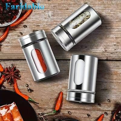 Faridabio 12pcs Stainless Steel Seasoning Jars with Glass Lids Durable Spice & Salt Shakers for BBQ and Cooking